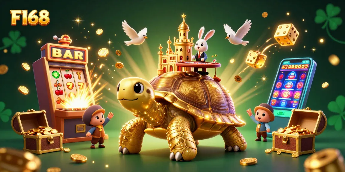 Experience F168's exciting casino scene with a golden tortoise, lively dealer, and jackpot action!