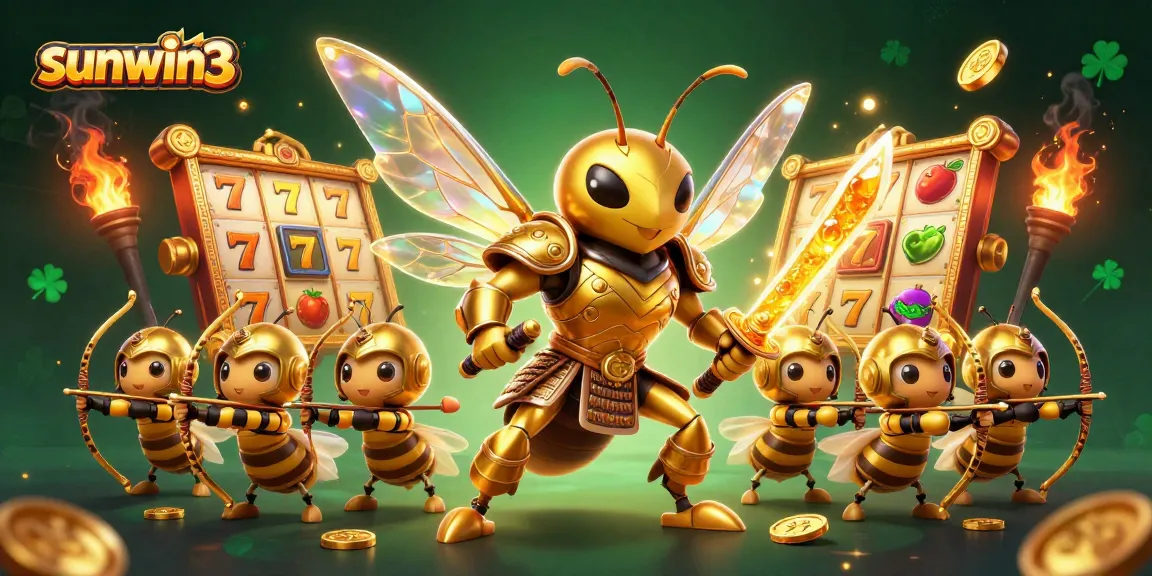 Engage in thrilling gameplay at sunwin3 with a vibrant scene of a golden hornet and slot reels.