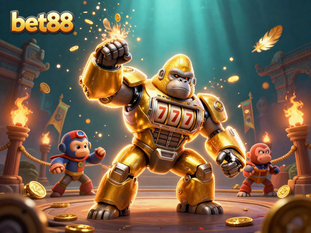 bet88 gaming experience featuring a golden gorilla mech in a vibrant casino setting