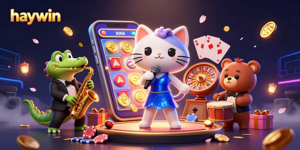 Haywin showcases a vibrant casino scene with a jazz-singer cat, saxophone crocodile, and drum-playing bear, surrounded by dynamic game elements.