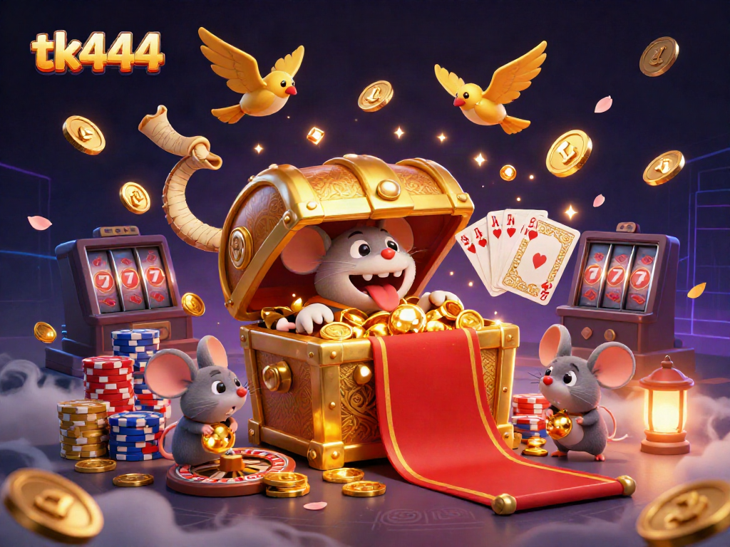 Engage with tk444's thrilling casino world, featuring an adventurous golden treasure chest, sparkling coins, and vibrant game elements.