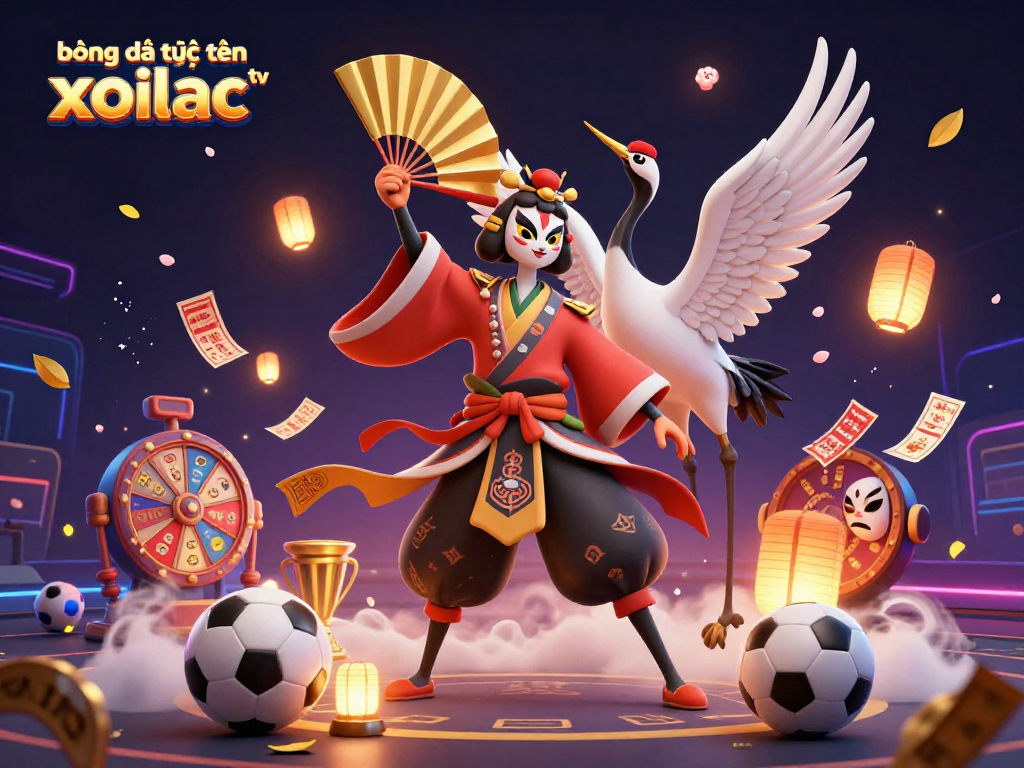 bóng đá trực tuyến xoilac tv showcases a lively 3D scene of a kabuki warrior and sports elements in dynamic motion.