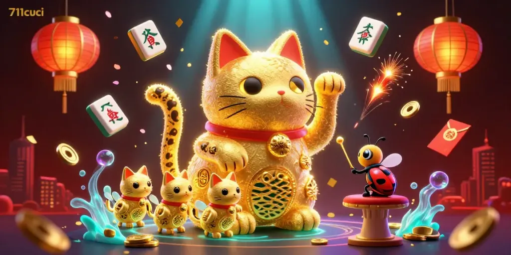 Immerse in 711cuci's vibrant casino world, featuring a lucky cat, golden fireflies, and dynamic gaming symbols.