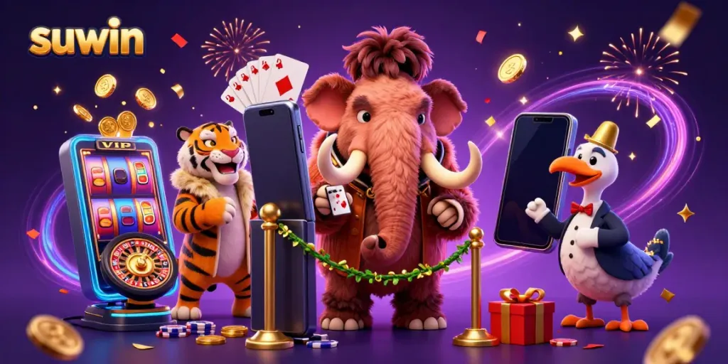 Experience suwin excitement in a colorful casino scene with vibrant characters and thrilling gaming elements.