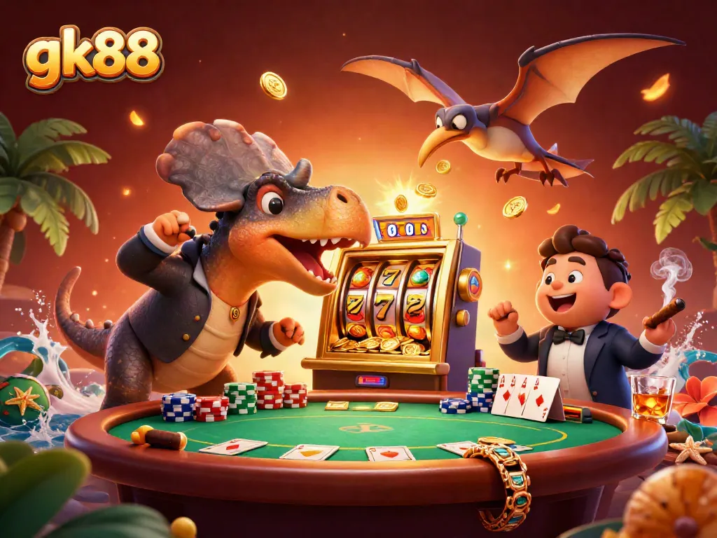gk88 engages players with an exciting jackpot as a pachycephalosaurus hits a golden slot machine.