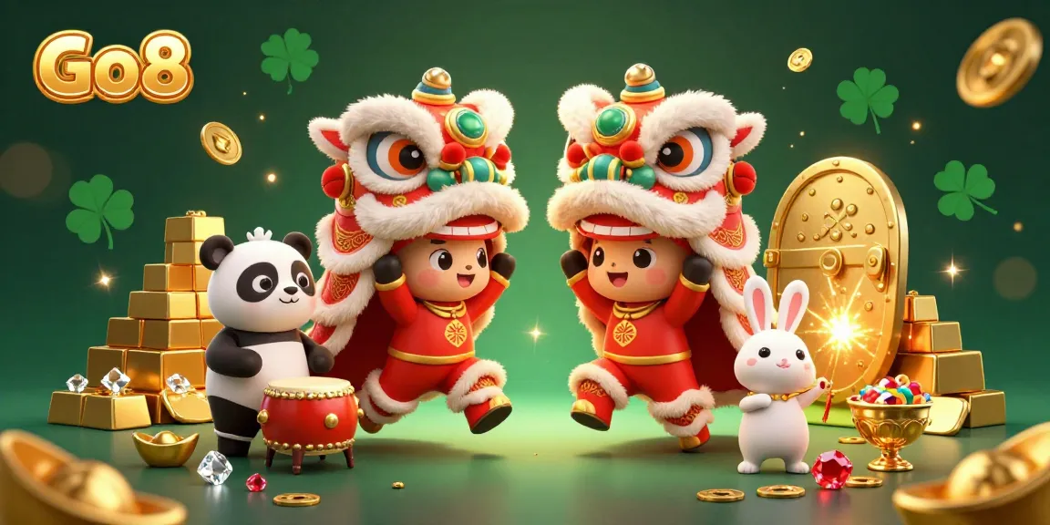 Engage with the vibrant Go8 casino scene featuring a lively lion dance amidst gold and treasure.