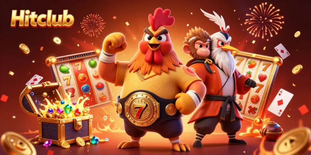 Experience the vibrant Hitclub casino scene with dynamic characters celebrating amidst joyful slot game elements.
