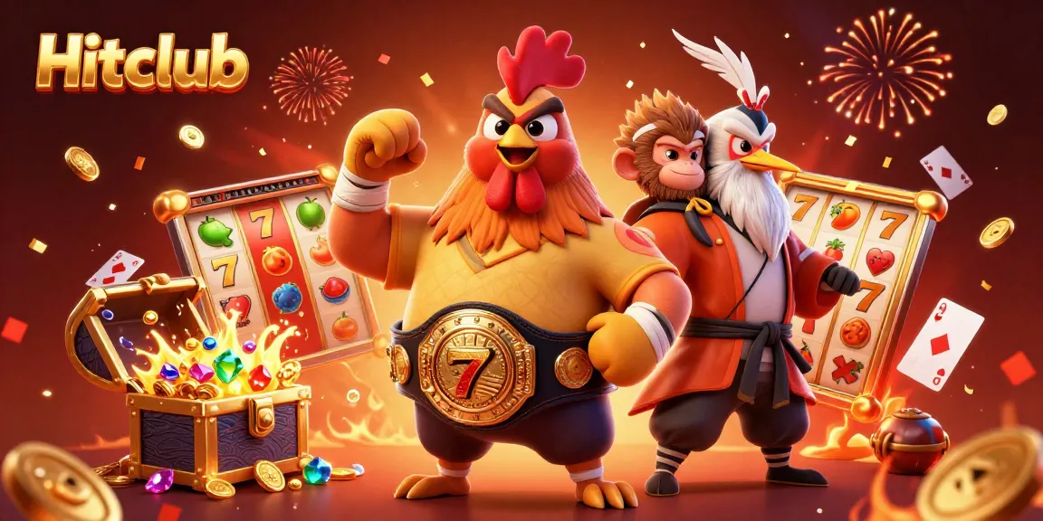 Experience the vibrant Hitclub casino scene with dynamic characters celebrating amidst joyful slot game elements.