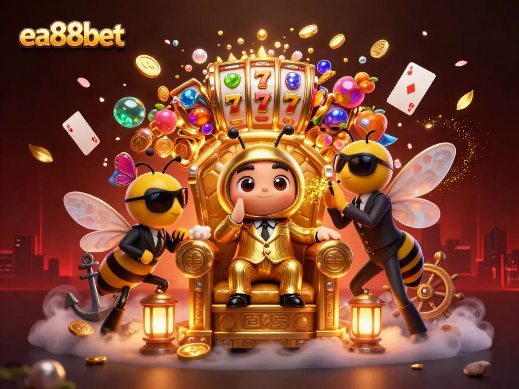 ea88bet showcases a dynamic casino scene with a bumblebee mob boss, slot reels, and sparkling treasures.