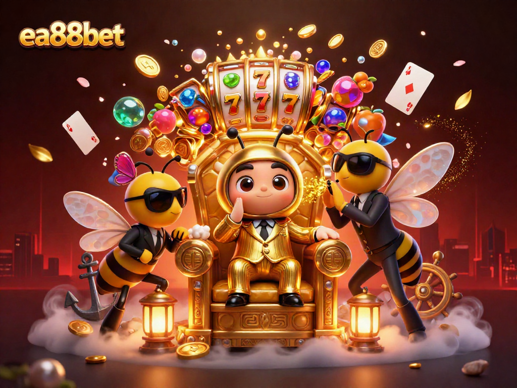 ea88bet showcases a dynamic casino scene with a bumblebee mob boss, slot reels, and sparkling treasures.