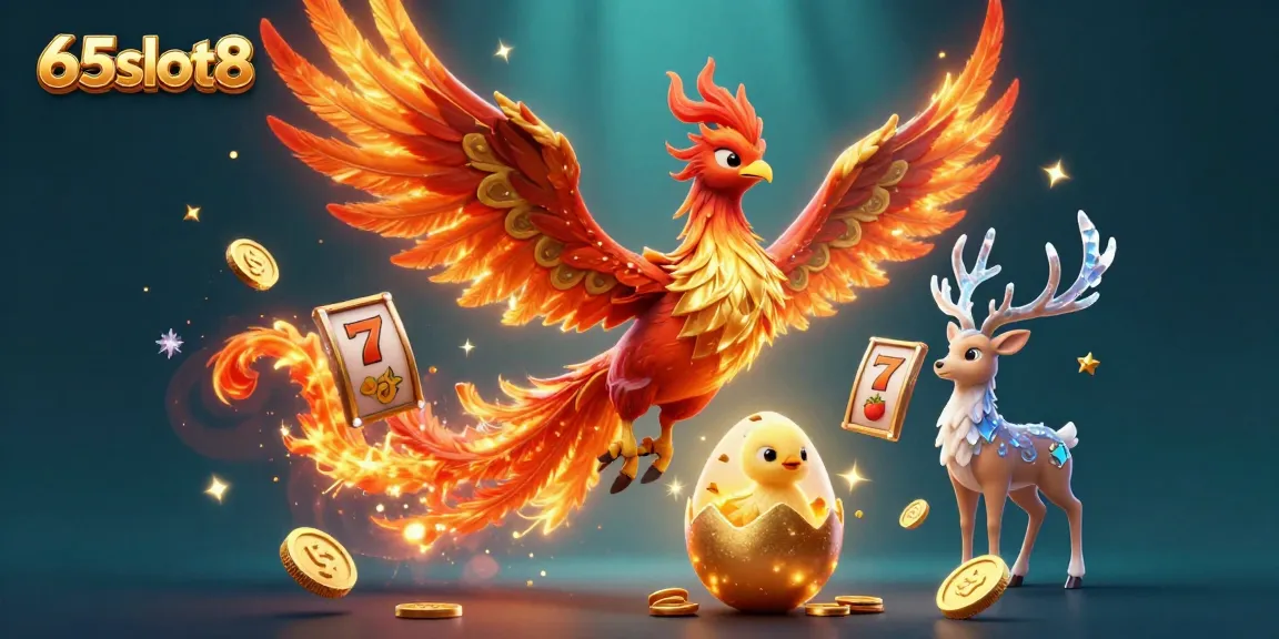 Engaging 3D illustration showcasing the 65slot8 brand with a fire phoenix and slot game elements.