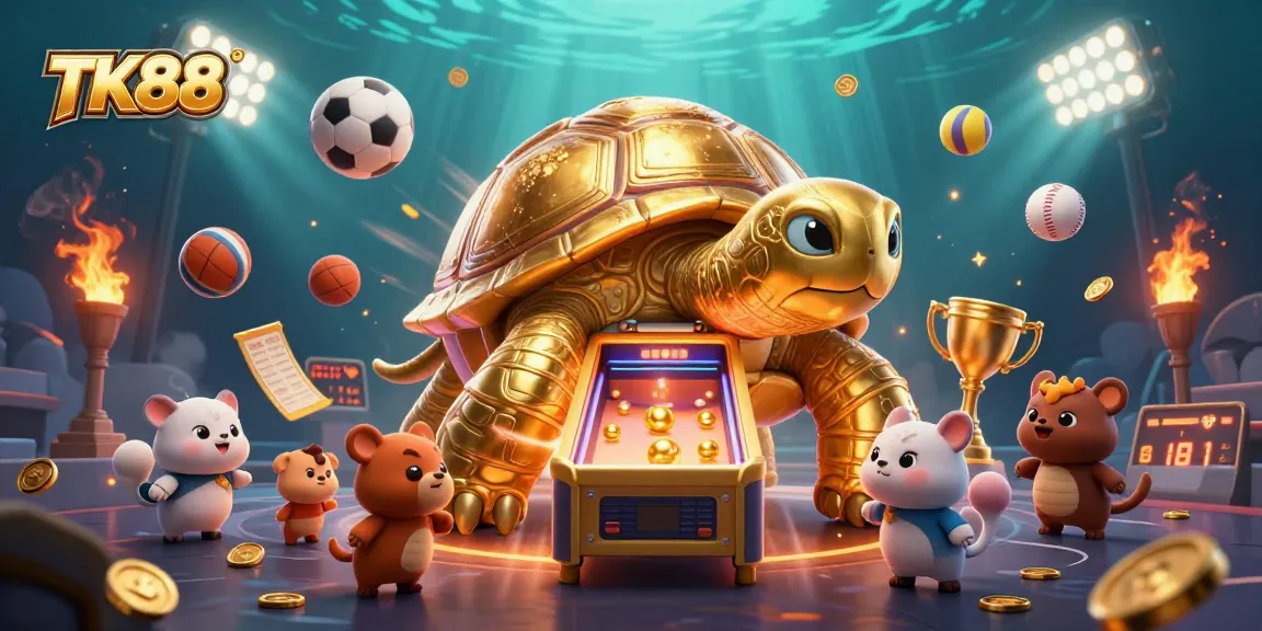 Engage with TK88 at a vibrant casino scene featuring a playful tortoise pinball machine.