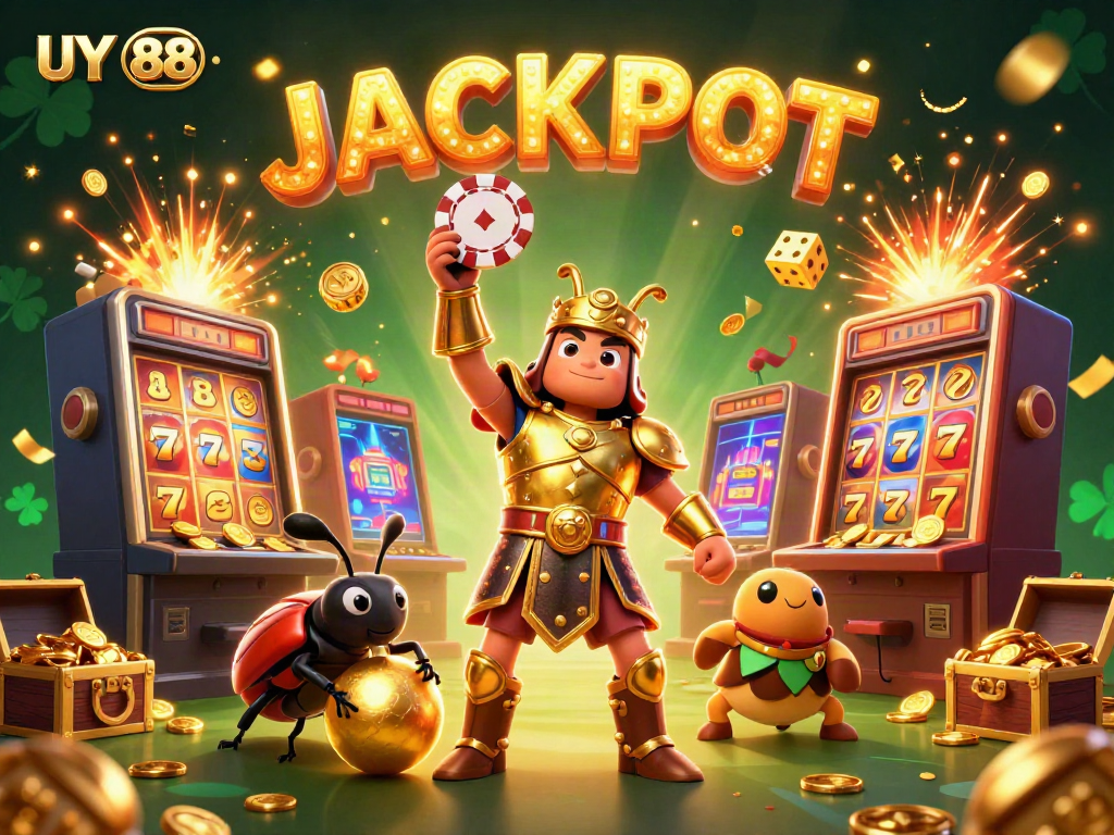 Play exciting games at UY 88 with vibrant slots and joyful characters celebrating jackpot wins.