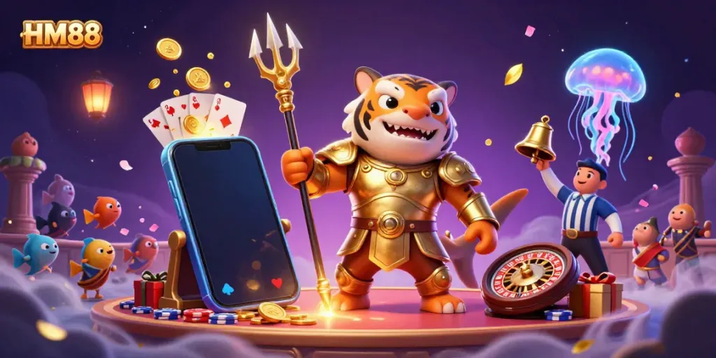 Experience the thrilling undersea action of HM88's casino games with a vivid scene featuring a tiger shark in gladiator armor.