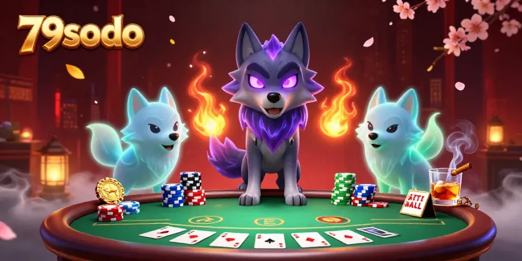 Engage in thrilling poker action with 79sodo's ghostly wolves leading the game scene filled with vibrant elements and casino energy.