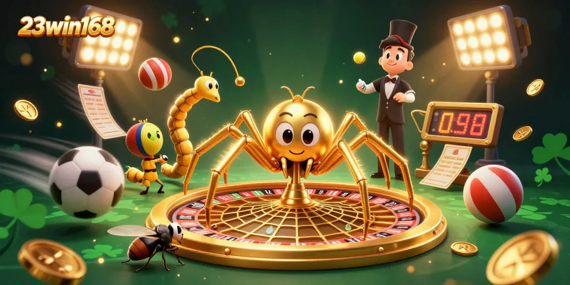 Engage with 23win168's vibrant gaming scene featuring a roulette wheel web, sports elements, and dynamic characters.