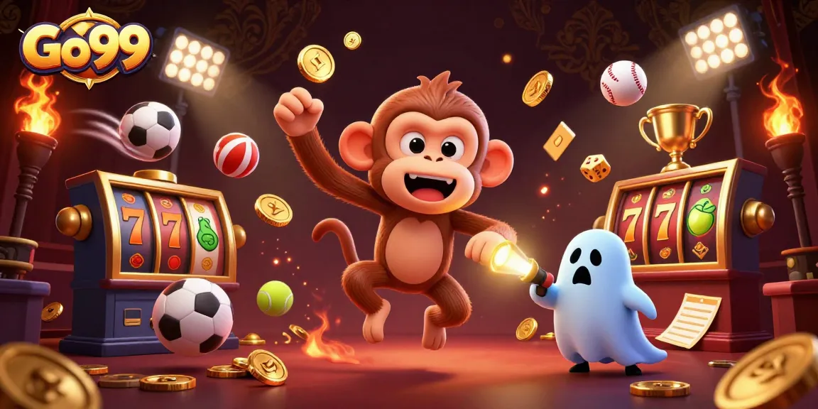 Go99 features a whimsical poltergeist monkey and a puppy exploring a haunted casino filled with golden winnings.