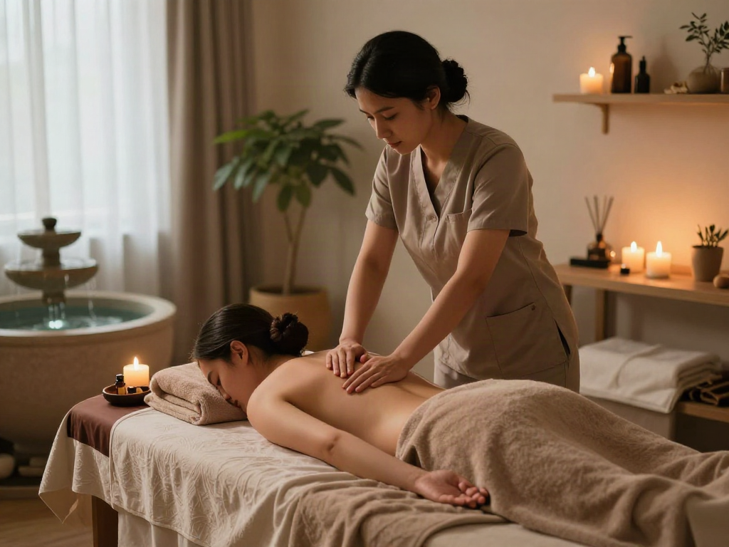 Relaxing 용산출장안마 session in a tranquil massage studio with calming ambiance and professional therapist.