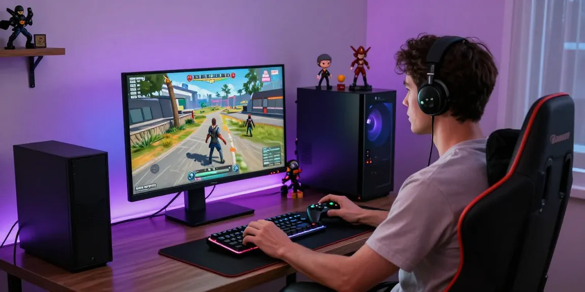Adult game player engaged in immersive gaming experience at a stylish desk.