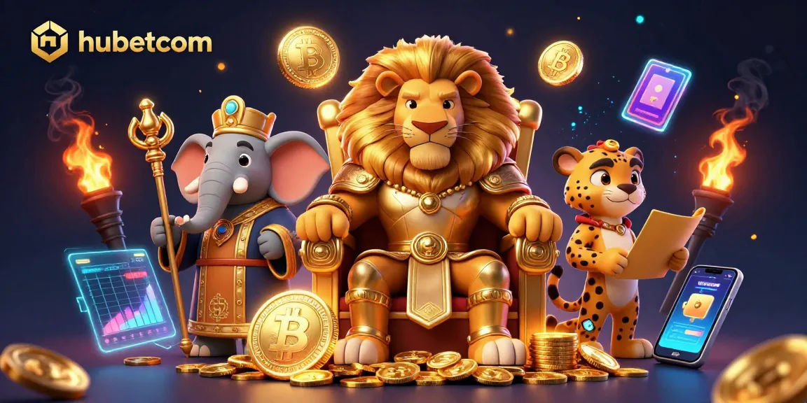 Engage in thrilling casino action with hubetcom, featuring a lion king surrounded by crypto coins.