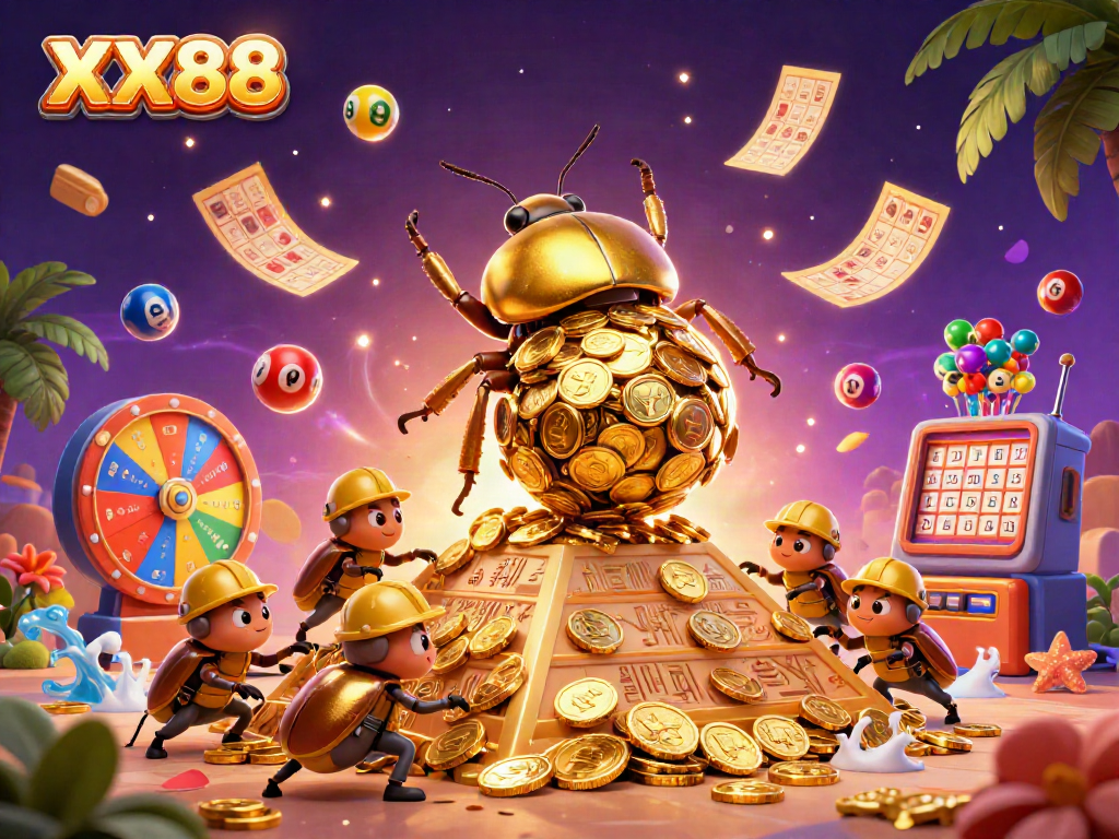 Experience excitement at XX88 with a golden beetle symbolizing wealth, surrounded by colorful lottery elements.