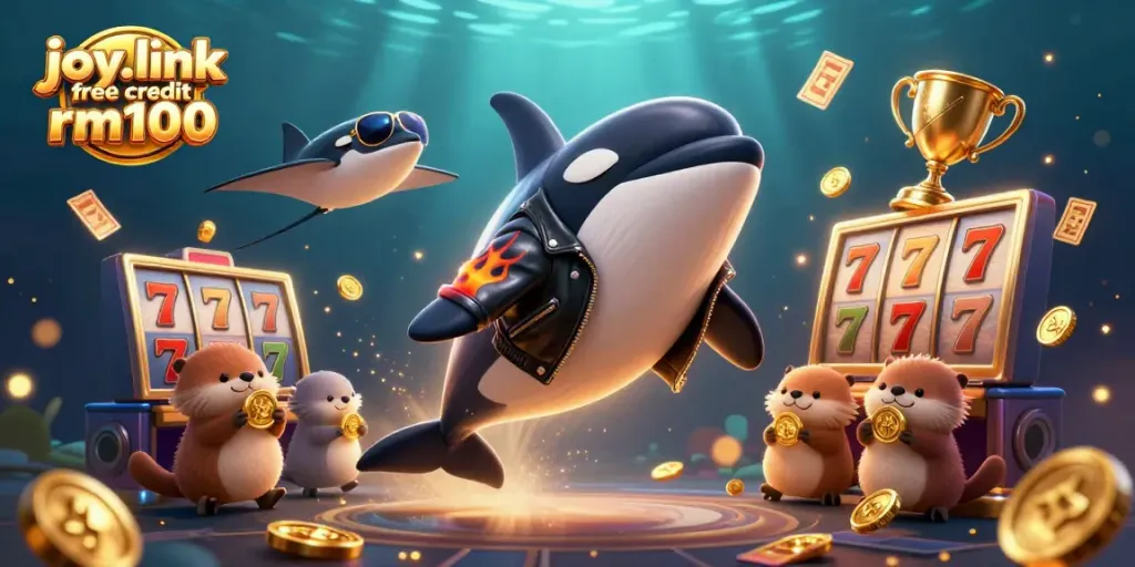Experience thrills with joy.link free credit rm100 featuring cartoon orca, stingray, and sea otters in a vibrant casino scene.