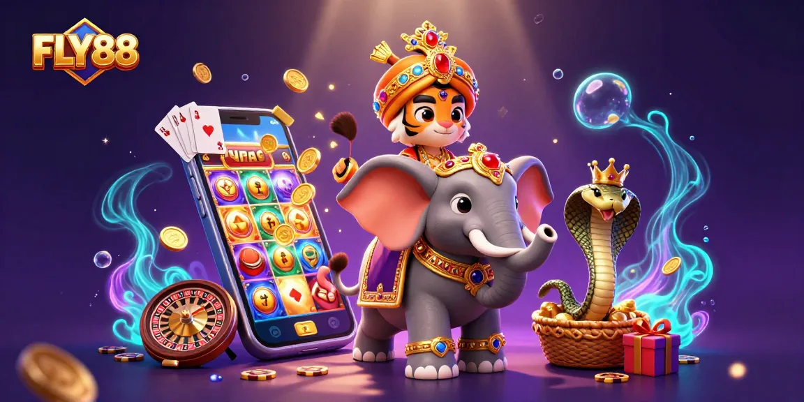 FLY88 players experience thrilling wins in a vibrant casino scene with exotic characters and games.