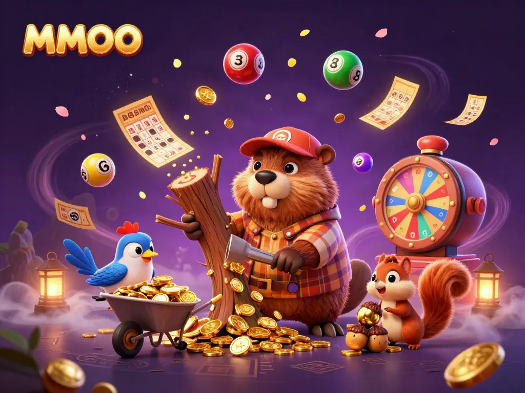 MMOO promotes thrilling gameplay with a beaver character and golden rewards in a colorful casino world.
