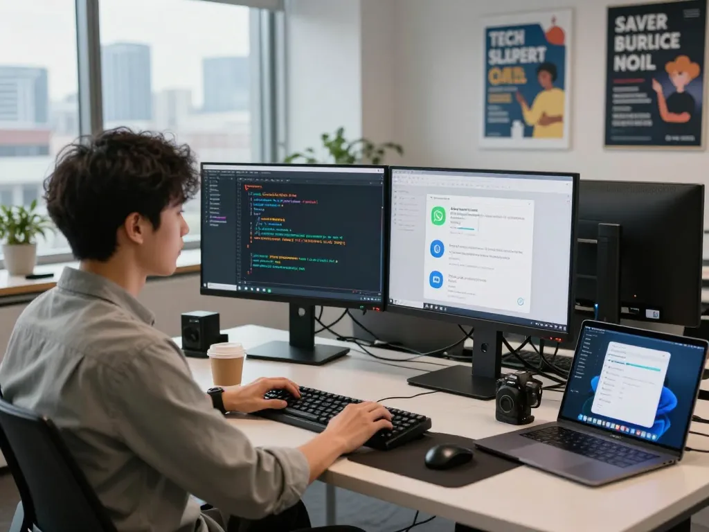 Engaged developer using Clawdbot AI in a modern workspace, dual monitors showcasing code and assistant interface.