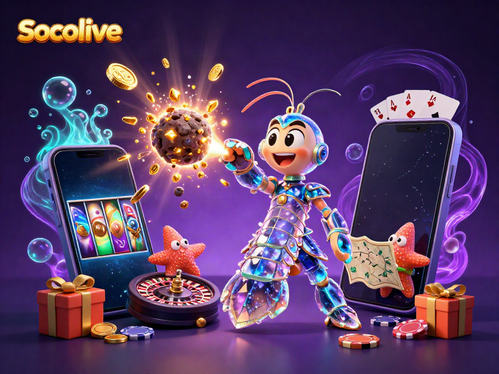 Experience the thrill of Socolive with a vibrant 3D digital scene featuring interactive gambling elements and captivating characters.