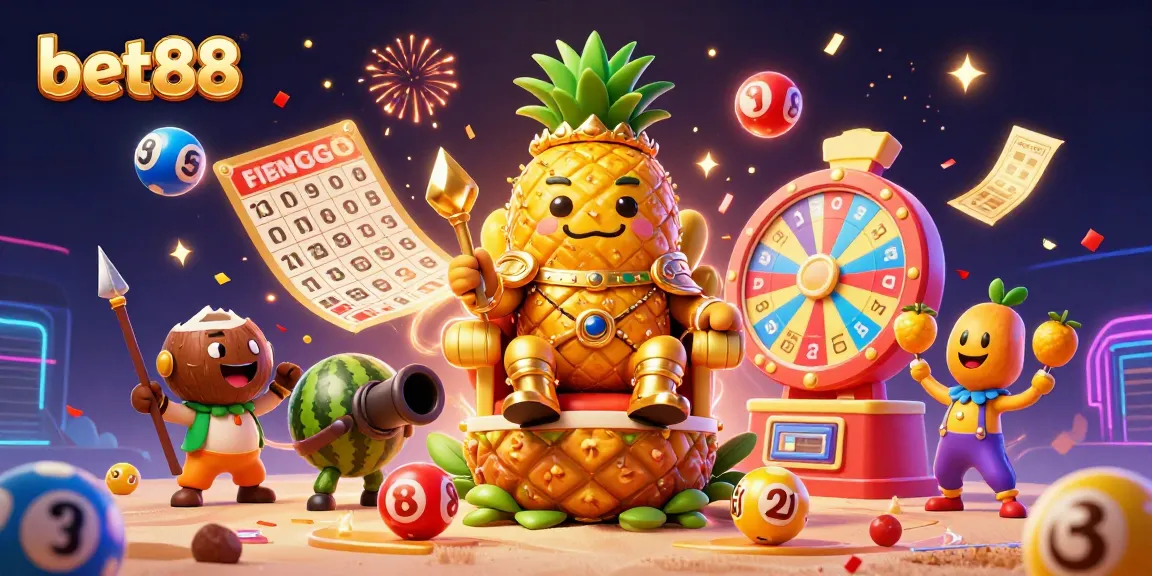 Experience the vibrant festive energy of bet88 with a golden pineapple king and game elements in an enchanting casino scene.