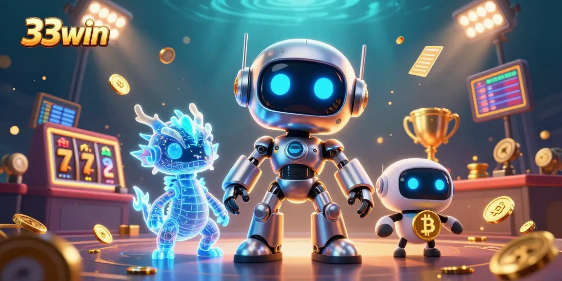 Engage with 33win's exciting 3D casino environment featuring a robotic mascot and vibrant game elements.