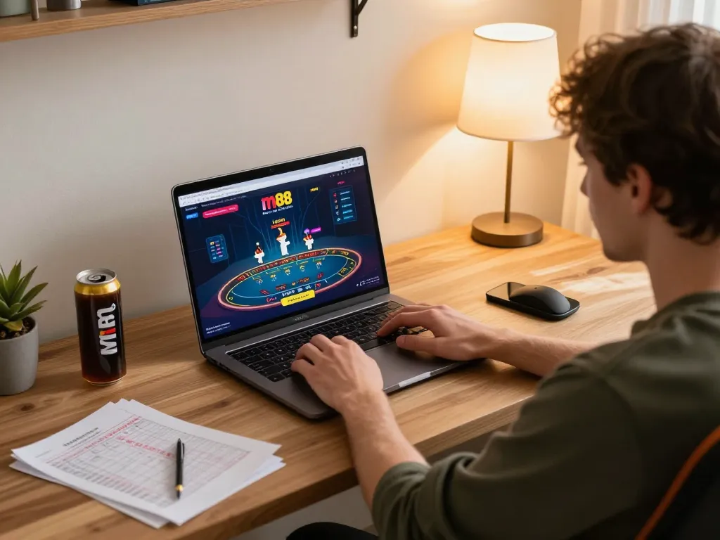 Playing online blackjack on m88 link from a cozy home gaming setup with strategic notes.