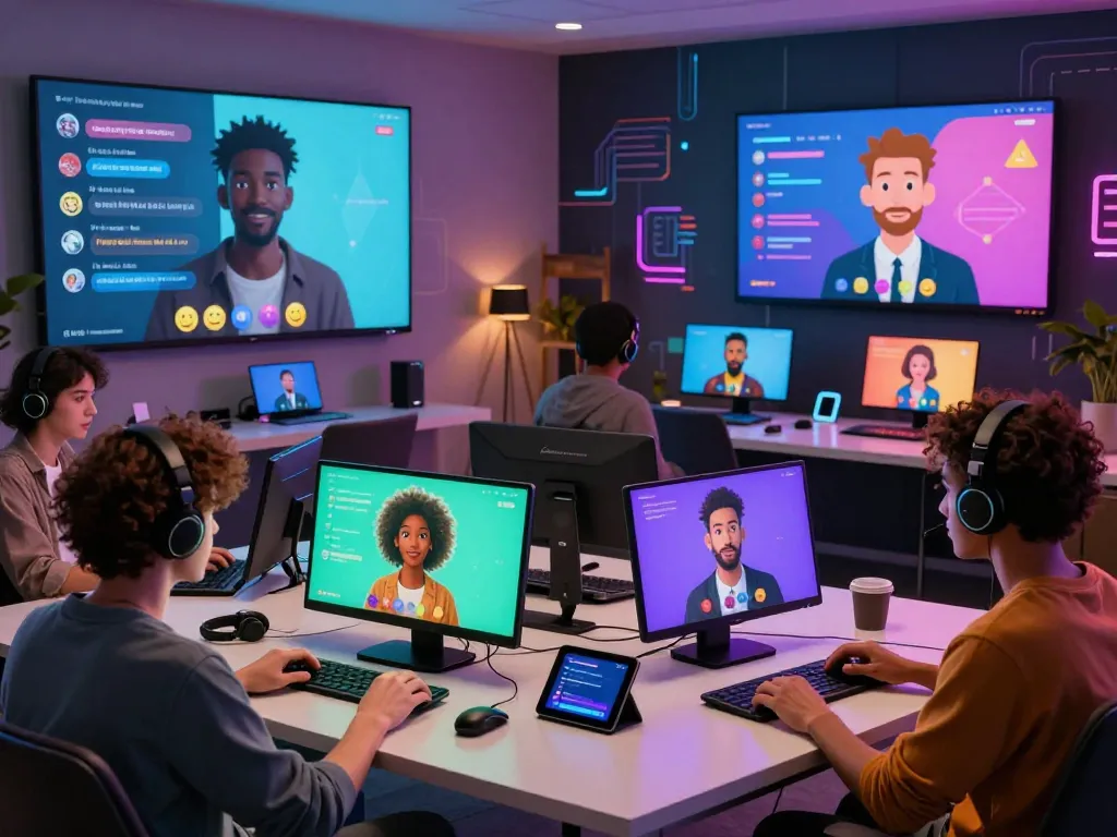 Interactive AI sex chat room scene showcasing diverse users engaging with chatbots in a modern digital environment.