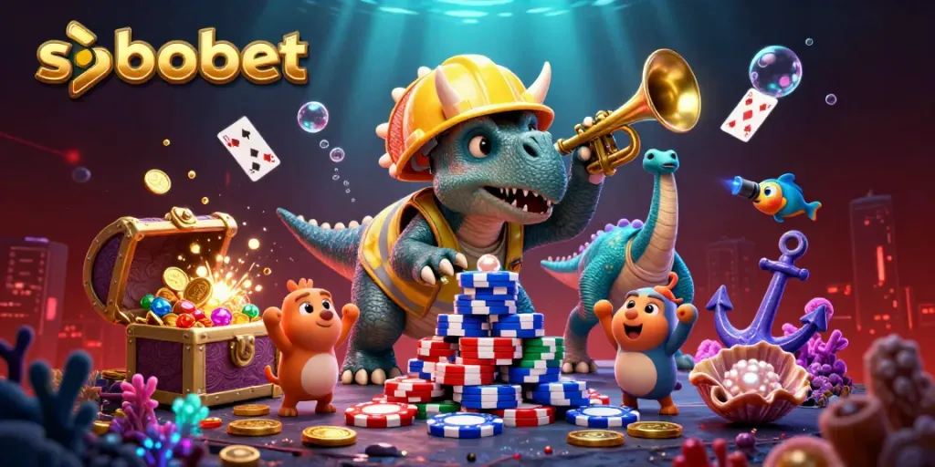 Taruhan sbobet dengan triceratops dan parasaurolophus merayakan kemenangan dalam ilustrasi 3D bawah laut.