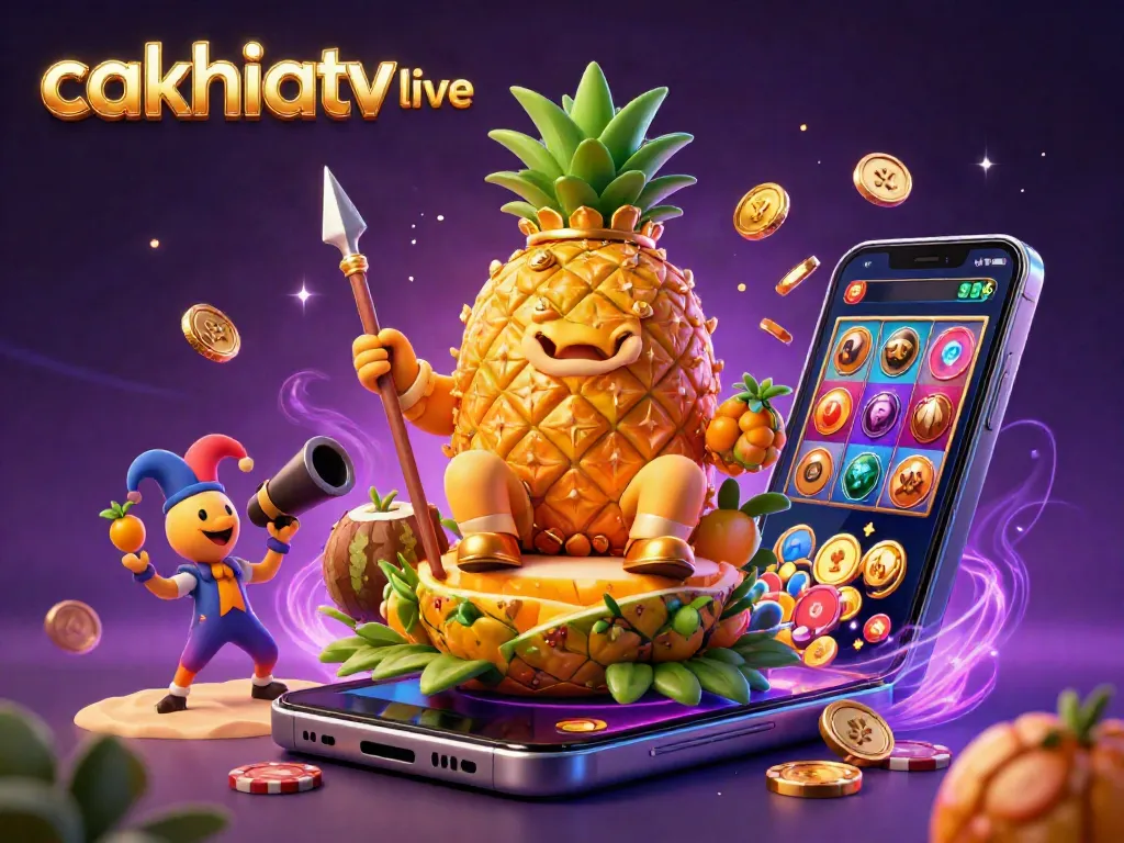 Cakhiatv live showcases exciting casino elements with a golden pineapple king, dynamic gambling actions, and vibrant game visuals.