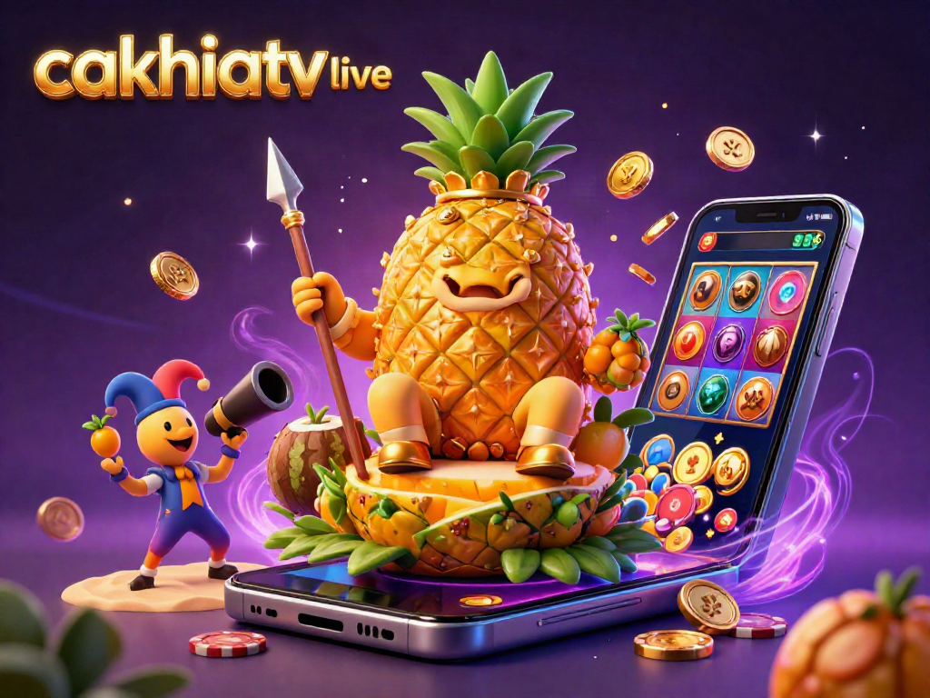 Cakhiatv live showcases exciting casino elements with a golden pineapple king, dynamic gambling actions, and vibrant game visuals.