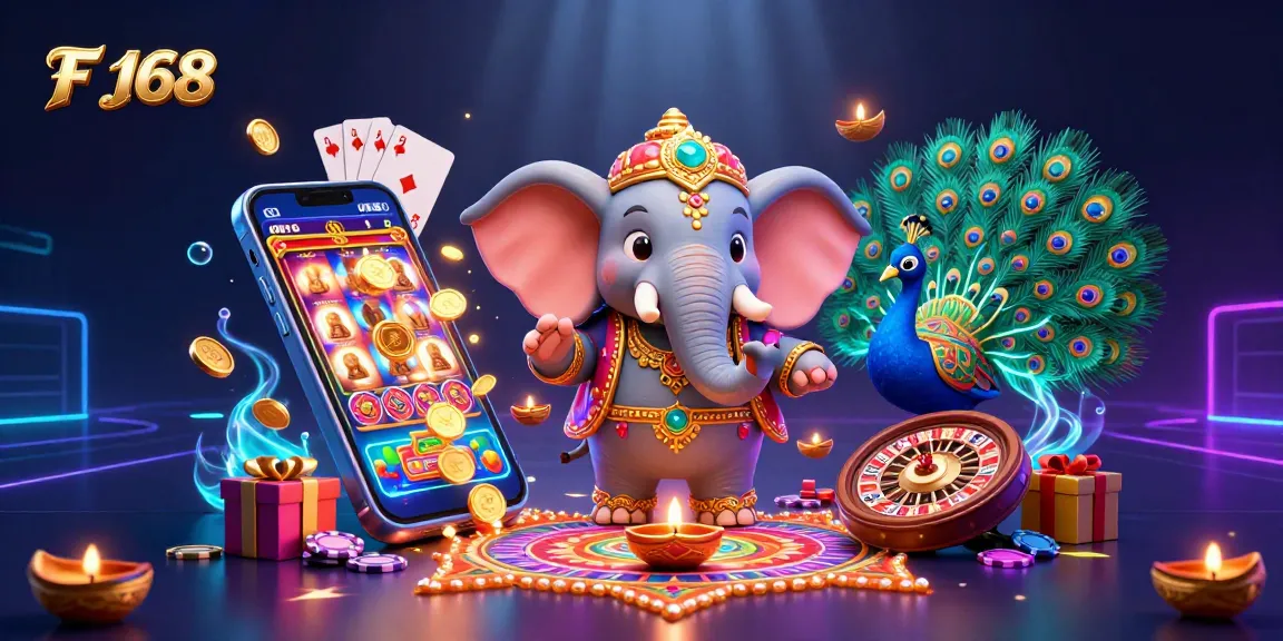 Experience the excitement of F 168 with colorful slot games, golden coins, and festive themed characters in a vibrant casino scene.