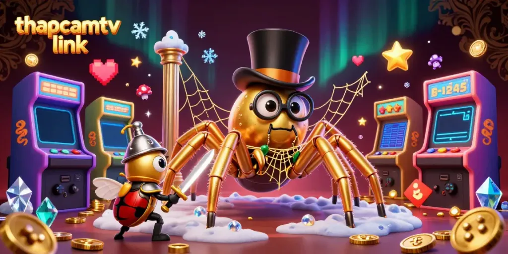 Engage with thapcamtv link showcasing a vibrant 3D casino scene filled with characters and gaming elements.