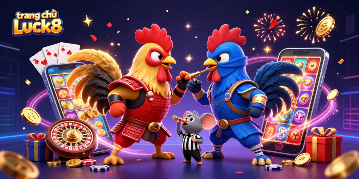 Engage with the thrilling action at trang chủ Luck8 featuring fighting roosters and dynamic casino elements.