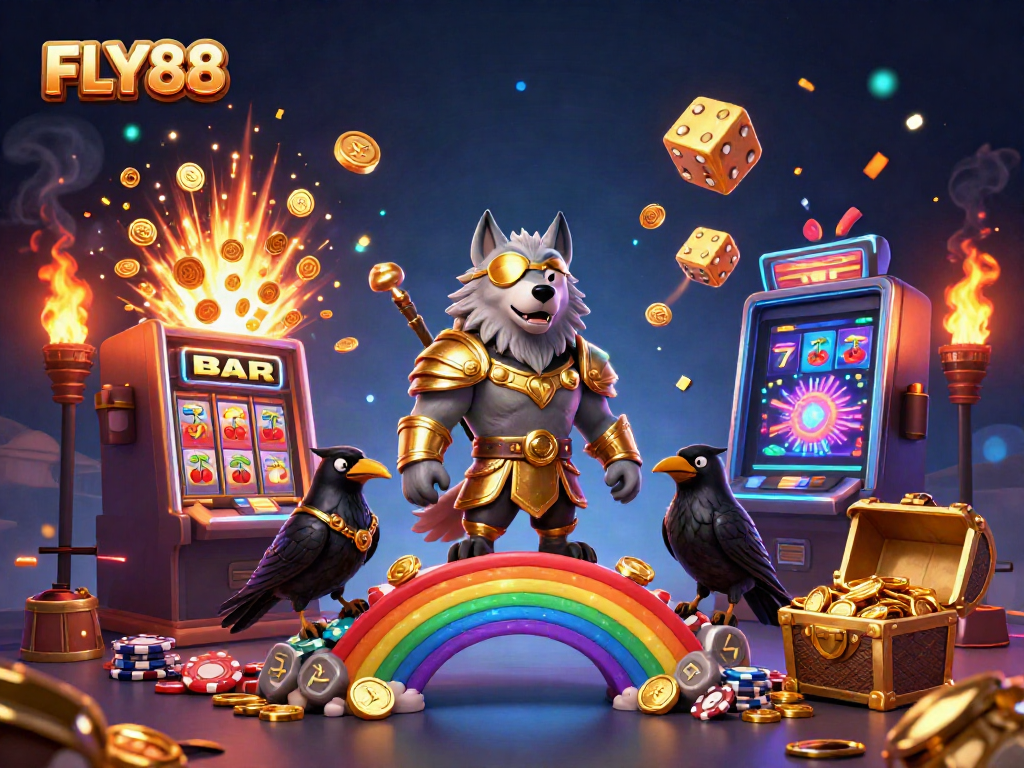 FLY88 jackpot explosion scene with an Odin wolf, ravens, and casino elements.