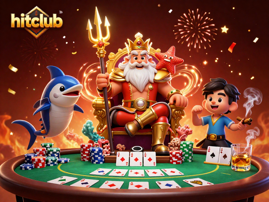 Win big at hitclub casino with Neptune and poker elements amidst vibrant casino atmosphere