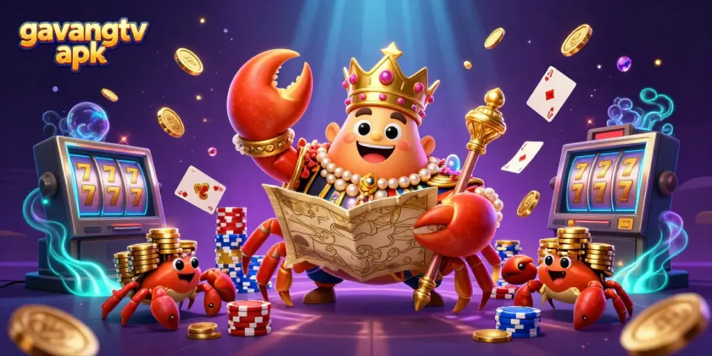 Experience thrilling wins with the gavangtv apk, featuring a golden crab emperor and dynamic casino elements.