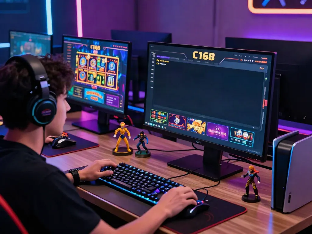 Exciting gaming setup showcasing C168 platform with vibrant LED lights.