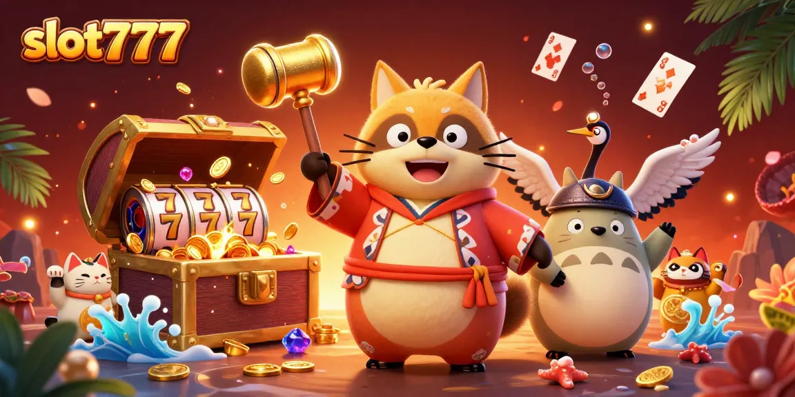 Spin the reels with slot777's bright characters celebrating luck, including tanuki and cranes.