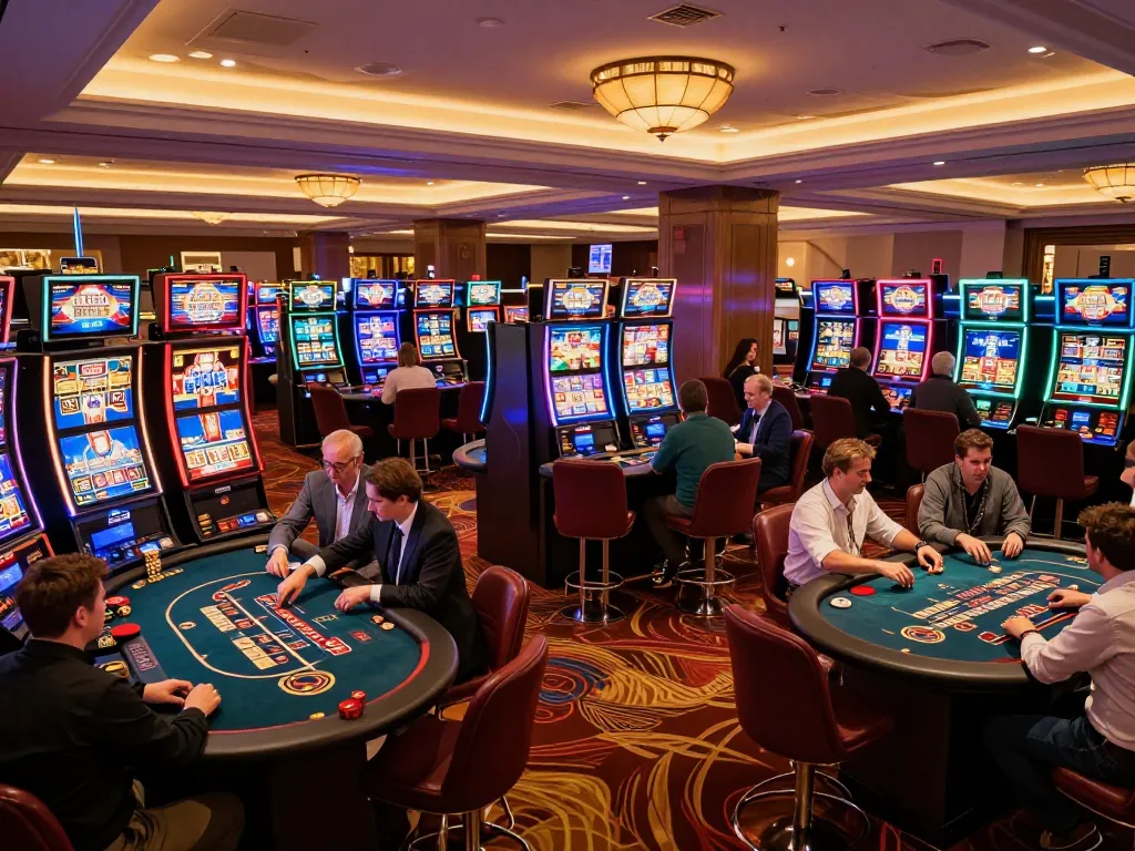 Experience the thrill of gaming at llwin's luxurious casino with vibrant slot machines and engaged players