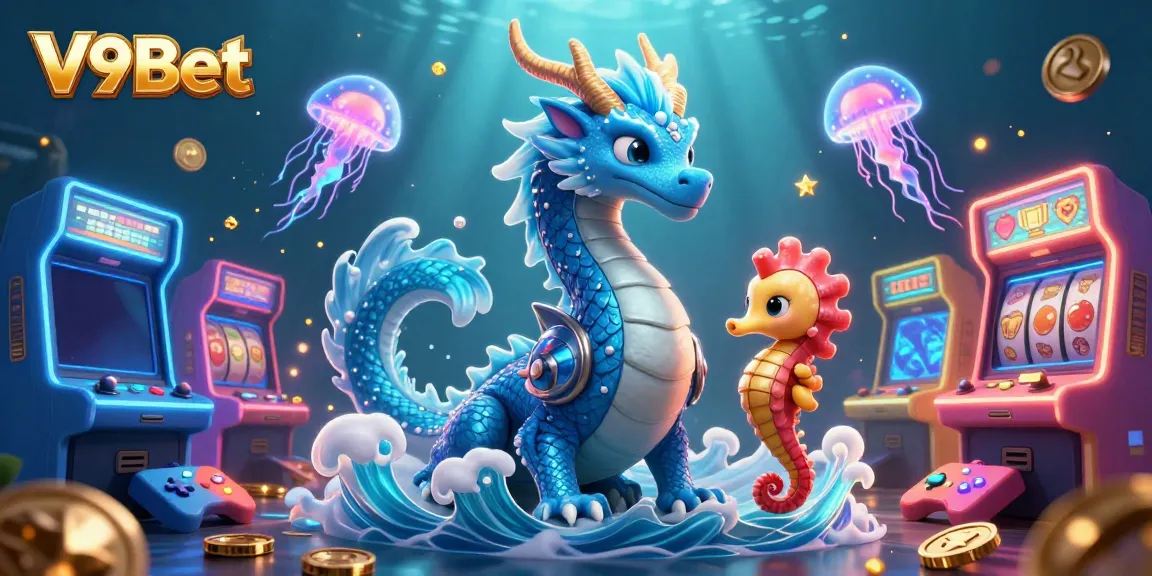 Experience thrilling gaming at V9Bet with an underwater scene featuring dynamic slot elements and 3D characters.