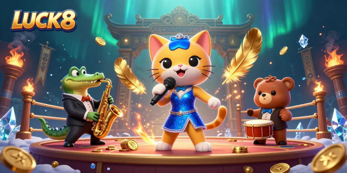 Join exciting LUCK8 casino adventures with a lively jazz-singer cat and friends amidst gold coins and vibrant effects.