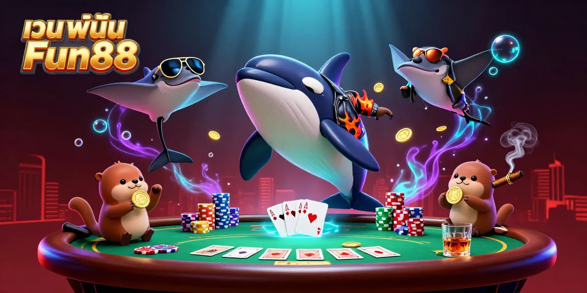 Engage in thrilling gaming with เว็บพนัน Fun88's cartoon-style orca and friends celebrating in a dazzling casino scene.