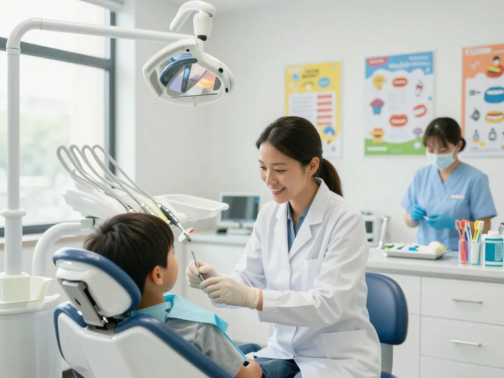 Dental clinic near me featuring a friendly dentist examining a young patient in a modern, inviting setting.